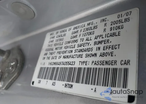 2007 Honda Accord 3.0 Se z USA, uszkodzony, nr VIN 1HGCM66497A055423